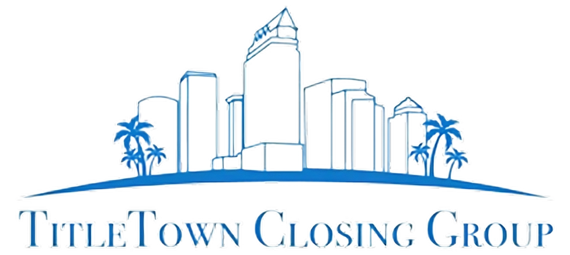 Logo-style skyline illustration for TitleTown Closing Group, featuring a white architectural silhouette on a black background with teal accent, representing Florida real estate closing services.